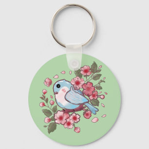 Cute Spring Bluebird & Cherry Blossom Watercolor A Key Ring