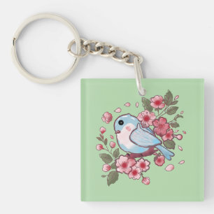 Cute Spring Bluebird & Cherry Blossom Watercolor A Key Ring