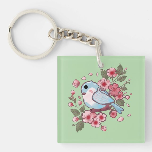 Cute Spring Bluebird & Cherry Blossom Watercolor A Key Ring (Front)