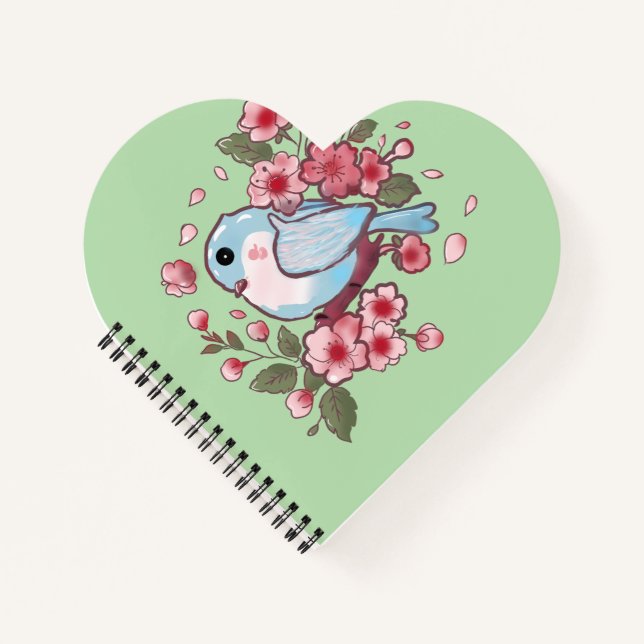 Cute Spring Bluebird & Cherry Blossom Watercolor A Notebook (Front)