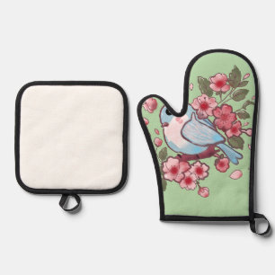 Cute Spring Bluebird & Cherry Blossom Watercolor A Oven Mitt & Pot Holder Set