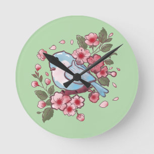 Cute Spring Bluebird & Cherry Blossom Watercolor A Round Clock