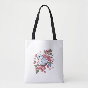Cute Spring Bluebird & Cherry Blossom Watercolor A Tote Bag