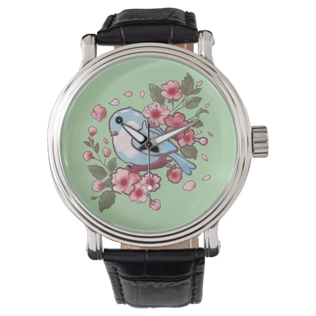 Cute Spring Bluebird & Cherry Blossom Watercolor A Watch (Front)