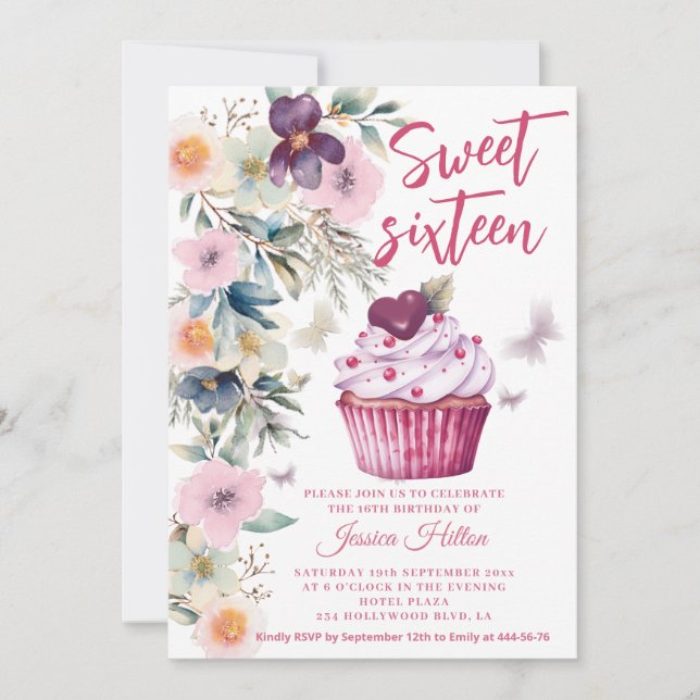 Cute Spring  boho floral cupcake sweet 16 Invitation (Front)