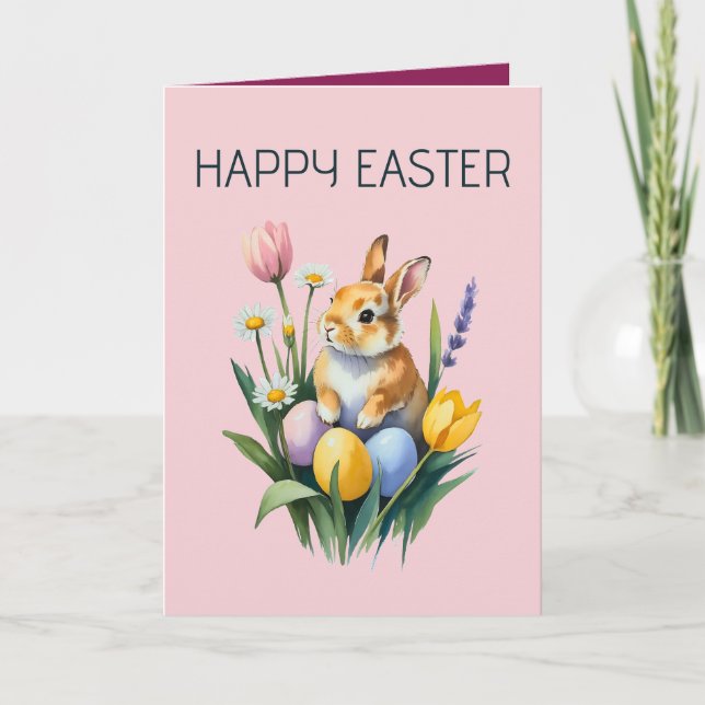 Cute Spring Bunny Floral Easter Greeting Card (Front)