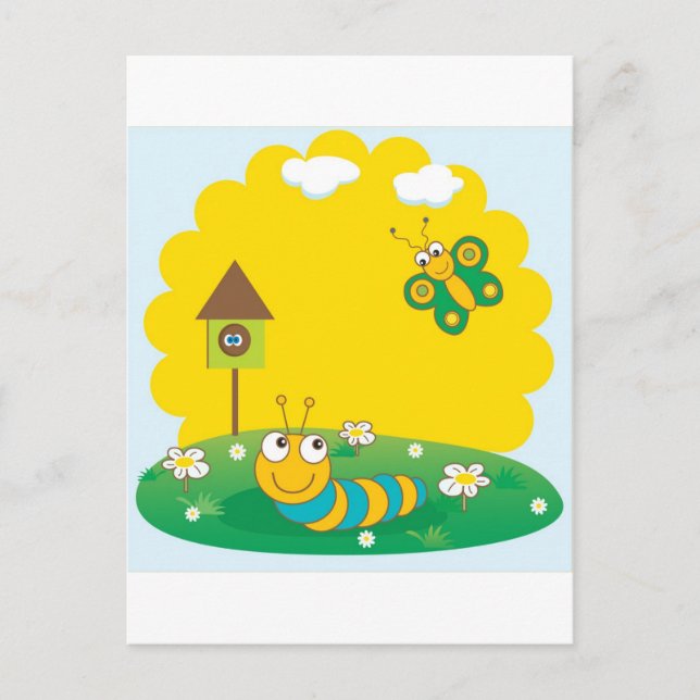 Cute spring card with caterpillar and butterfly. (Front)
