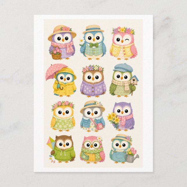 Cute Spring Cartoon Owl Postcard (Front)