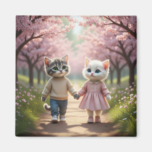 Cute Spring Cat Magnet Tom & Luna Cherry Blossom