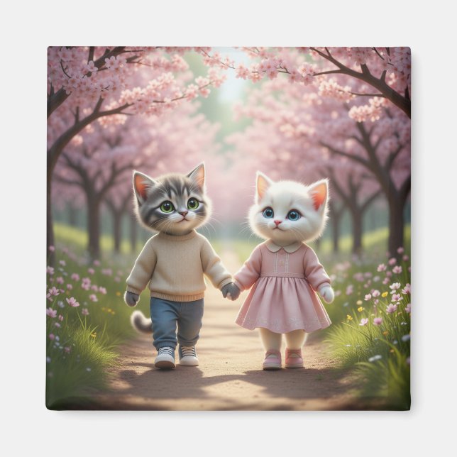 Cute Spring Cat Magnet | Tom & Luna Cherry Blossom (Front)
