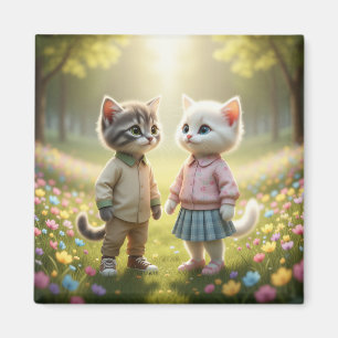 Cute Spring Cat Magnet Tom & Luna Flower Meadow