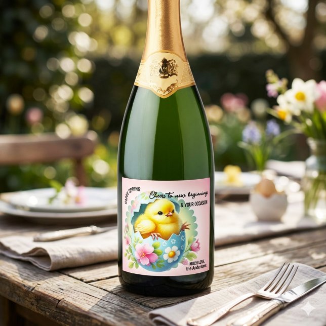 Cute Spring Chick Watercolor New Beginnings Sparkling Wine Label (Cute spring wine label with watercolor chick and egg - Easter - babyshower - birthday - new home)