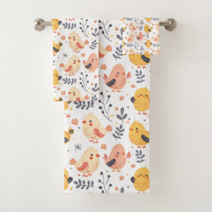 Cute Spring Chicks and Floral Pattern Bath Towel Set