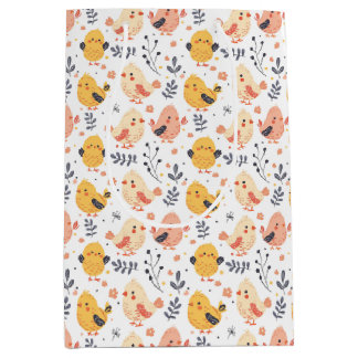 Cute Spring Chicks and Floral Pattern Medium Gift Bag