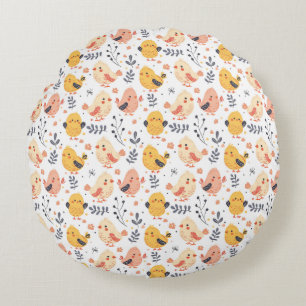 Cute Spring Chicks and Floral Pattern Round Cushion