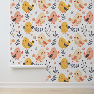 Cute Spring Chicks and Floral Pattern Wallpaper