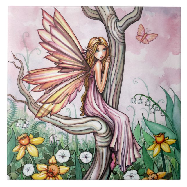 Cute Spring Daffodil Fairy Fantasy Art Tile (Front)