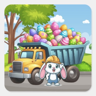 Cute spring/Easter bunny dump truck Square Sticker