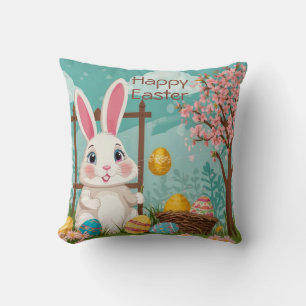 Cute Spring Easter Bunny Eggs Floral Illustration  Cushion