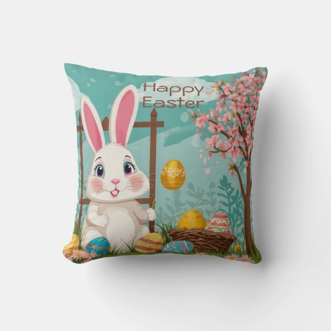 Cute Spring Easter Bunny Eggs Floral Illustration  Cushion (Front)