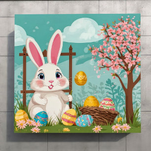 Cute Spring Easter Bunny Eggs Floral Illustration Poster