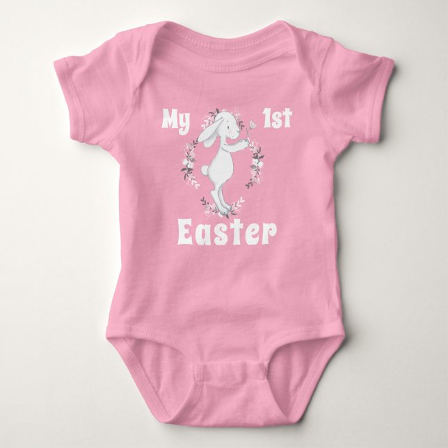 Cute Spring Easter Bunny Rabbit Pink Floral Baby Bodysuit (Front)