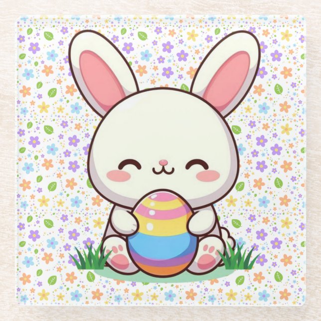 Cute spring/Easter bunny with egg Glass Coaster (Front)