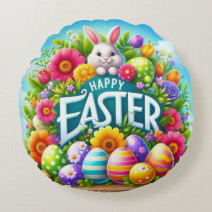 Cute spring/Easter bunny with egg Round Cushion