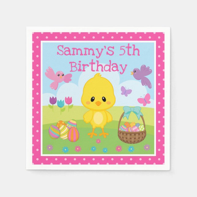 Cute Spring Easter Chick & Chocolate Eggs Birthday Napkin (Front)