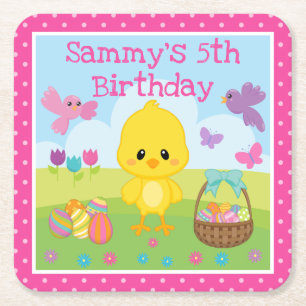Cute Spring Easter Chick & Chocolate Eggs Birthday Square Paper Coaster