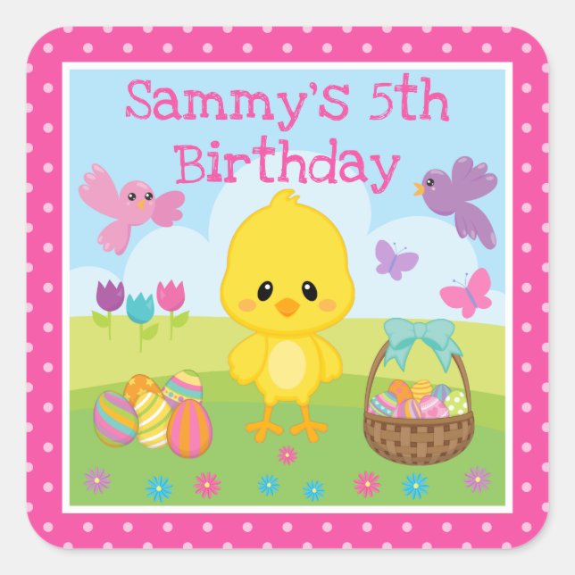 Cute Spring Easter Chick & Chocolate Eggs Birthday Square Sticker (Front)