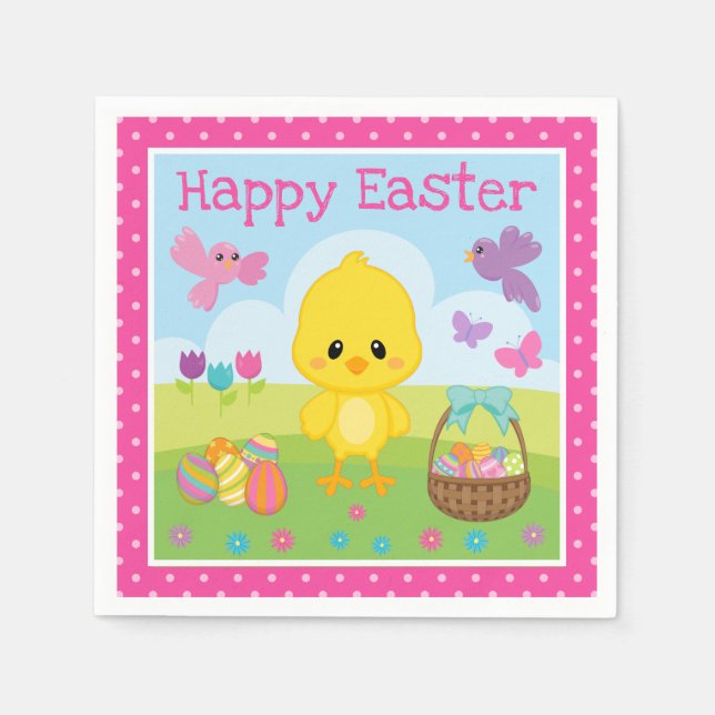 Cute Spring Easter Chick & Chocolate Eggs Easter Napkin (Front)