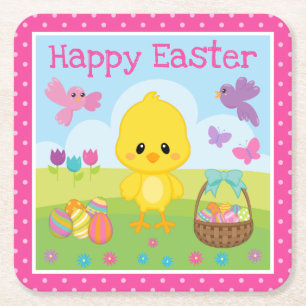 Cute Spring Easter Chick & Chocolate Eggs Easter Square Paper Coaster