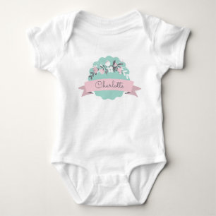 Cute Spring Easter Floral Pink Ribbon Personalised Baby Bodysuit