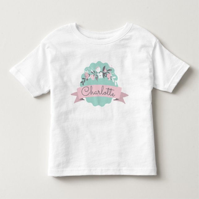 Cute Spring Easter Floral Pink Ribbon Personalised Toddler T-Shirt (Front)
