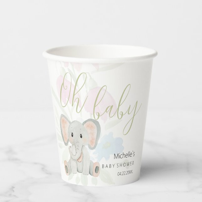 Cute Spring Elephant Watercolor Illustration Paper Cups (Front)