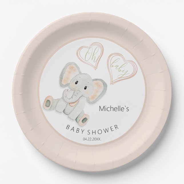 Cute Spring Elephant Watercolor Illustration Paper Plate (Front)