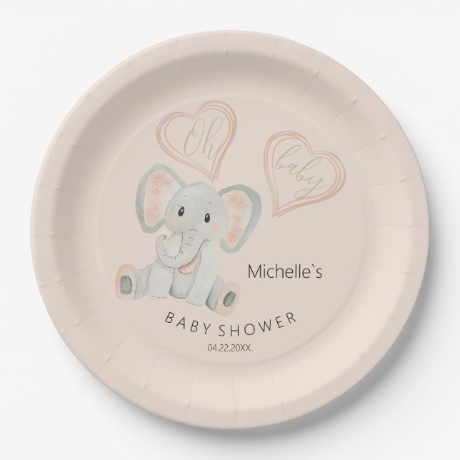 Cute Spring Elephant Watercolor Illustration Paper Plate (Front)