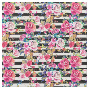 Cute spring floral and stripes watercolor pattern fabric