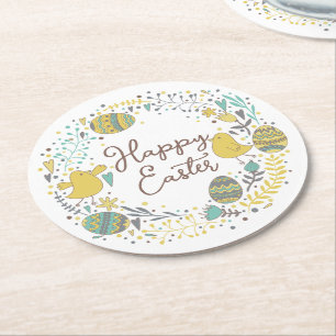 Cute Spring Floral Chicks Happy Easter Round Paper Coaster