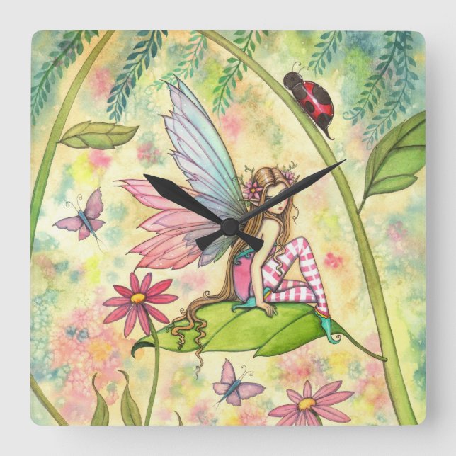 Cute Spring Flower Fairy and Ladybug Square Wall Clock (Front)