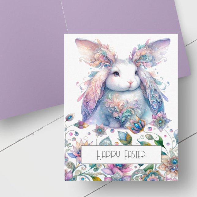 Cute Spring Flowers Bunny Easter Card (Spring bunny birthday cards features unique rabbit and floral art in pastel shades of pink, purple )
