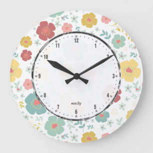 Cute Spring Flowers Pattern Pastel Colours Large Clock