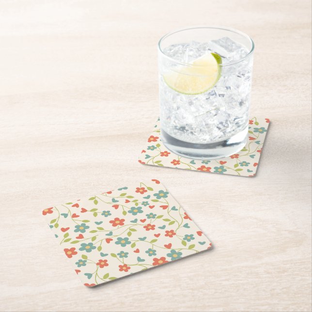 Cute Spring Flowers Square Paper Coaster (Insitu)