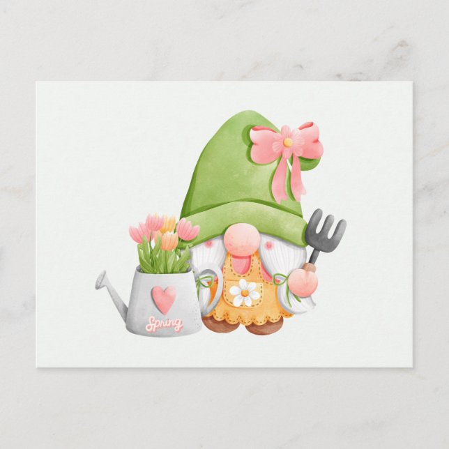 Cute Spring Garden Gnome and Tulip Flowers  Postcard (Front)