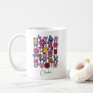 Cute Spring Garden Mug Flowers Butterflies Bird