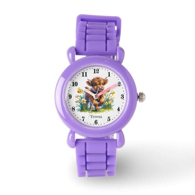 Cute Spring girls Highland cow add name Watch (Front)