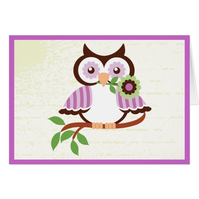 Cute spring owl holding a flower in her beak (Front Horizontal)