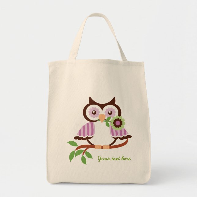 Cute spring owl holding a flower in her beak tote bag (Front)
