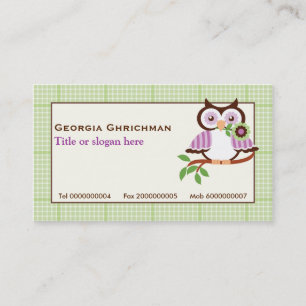 Cute spring owl on a branch, green plaid border business card